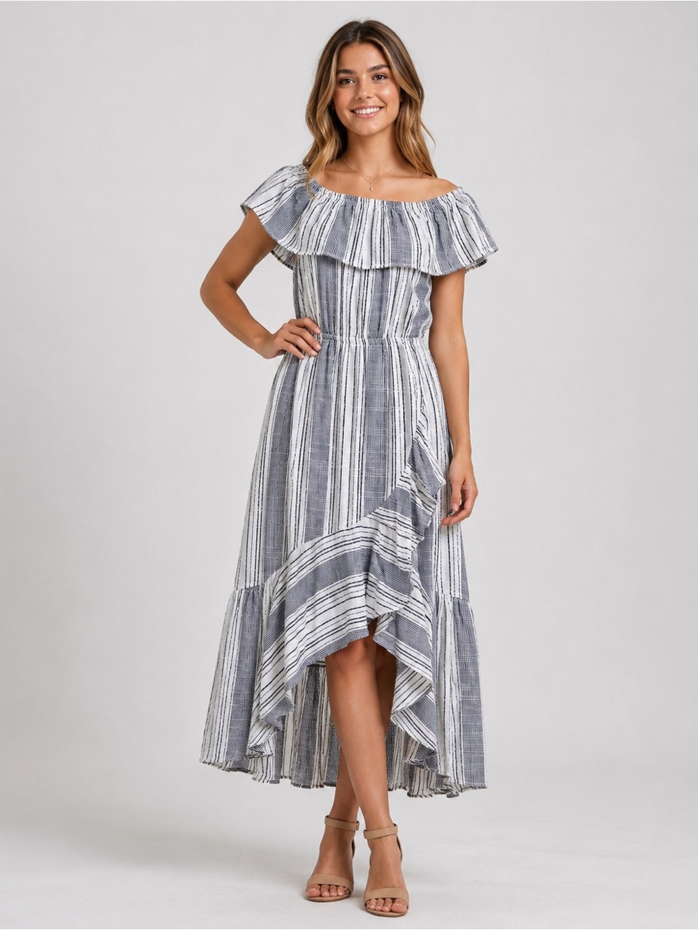 Striped Off-Shoulder Ruffle Maxi Dress in Navy Blue and White